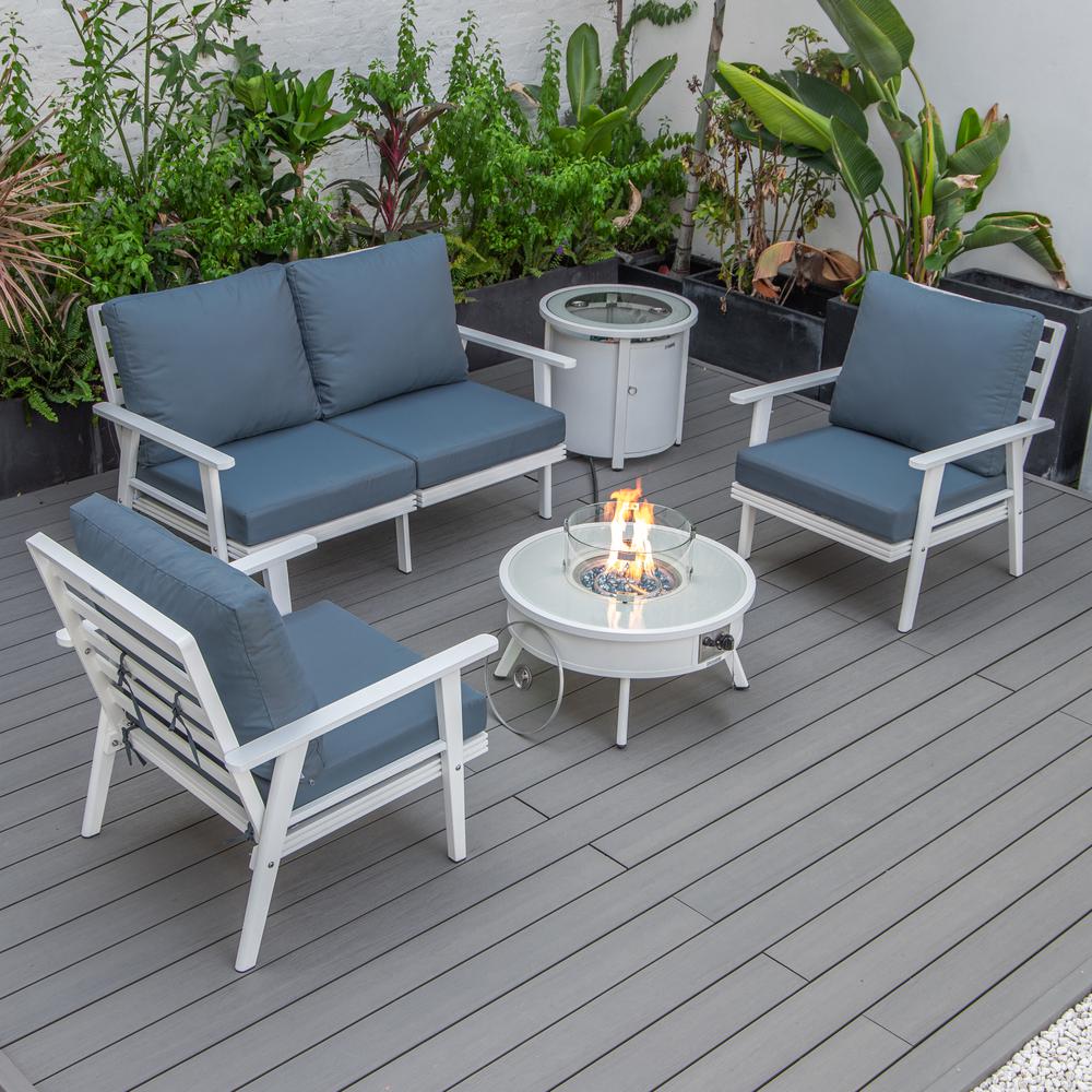 LeisureMod Walbrooke Modern White Patio Conversation With Round Fire Pit & Tank Holder, Navy Blue