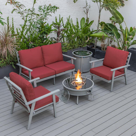 LeisureMod Walbrooke Modern Grey Patio Conversation With Round Fire Pit With Slats Design & Tank Holder, Red