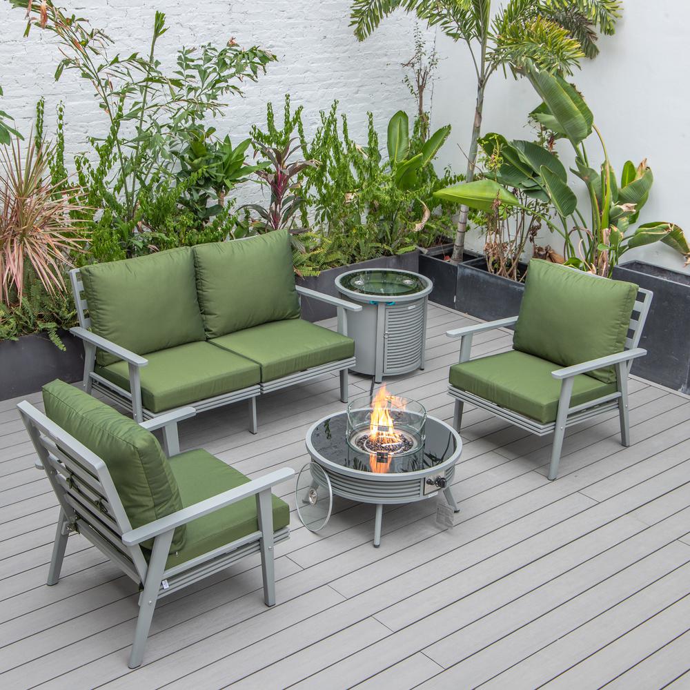 LeisureMod Walbrooke Modern Grey Patio Conversation With Round Fire Pit With Slats Design & Tank Holder, Green