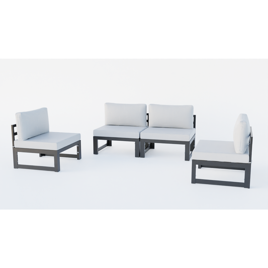 LeisureMod Chelsea 4-Piece Middle Patio Chairs Black Aluminum With Cushions Light Grey