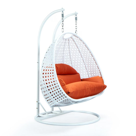 LeisureMod White Wicker Hanging 2 person Egg Swing Chair ESCW-57OR