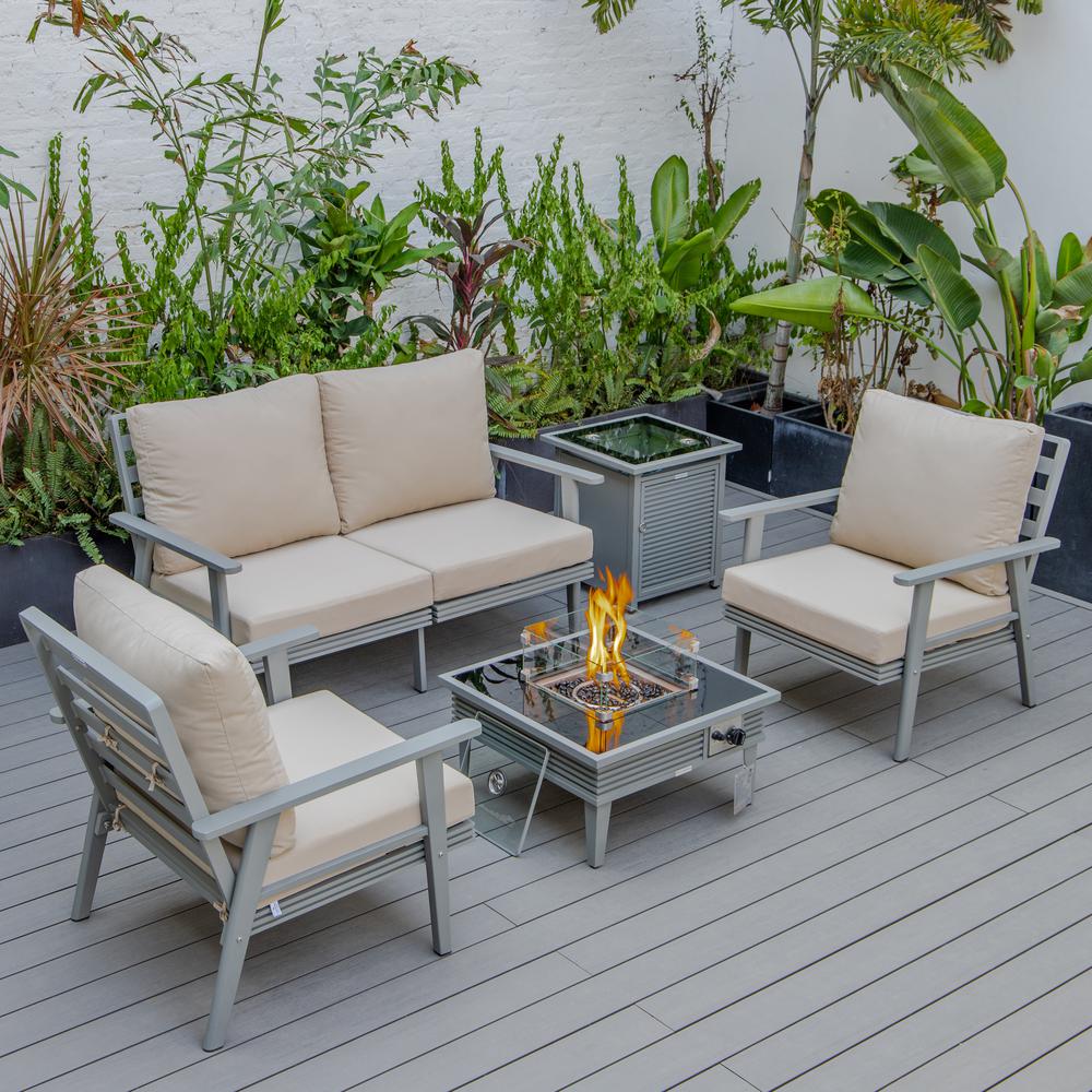 LeisureMod Walbrooke Modern Grey Patio Conversation With Square Fire Pit With Slats Design & Tank Holder, Beige