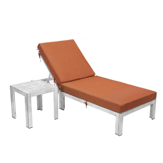 LeisureMod Chelsea Modern Outdoor Orange Chaise Lounge Chair With Side Table & Cushions