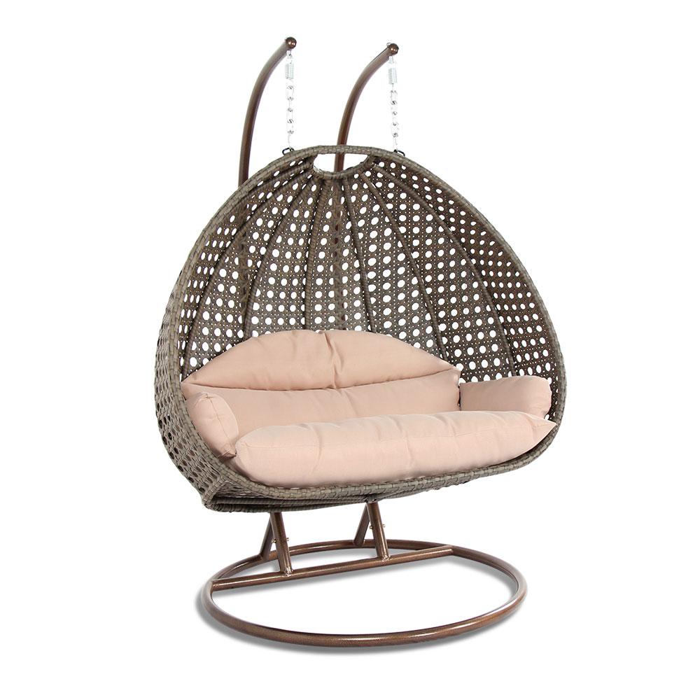 LeisureMod Beige Wicker Hanging 2 person Egg Swing Chair