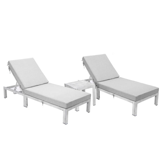 LeisureMod Chelsea Modern Outdoor Light Grey Chaise Lounge Chair Set of 2 With Side Table & Cushions