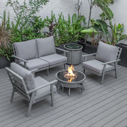 LeisureMod Walbrooke Modern Grey Patio Conversation With Round Fire Pit & Tank Holder, Grey