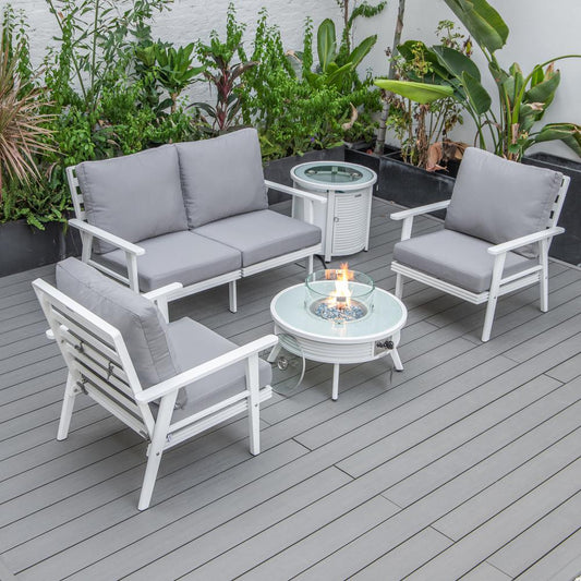 LeisureMod Walbrooke Modern White Patio Conversation With Round Fire Pit With Slats Design & Tank Holder, Grey