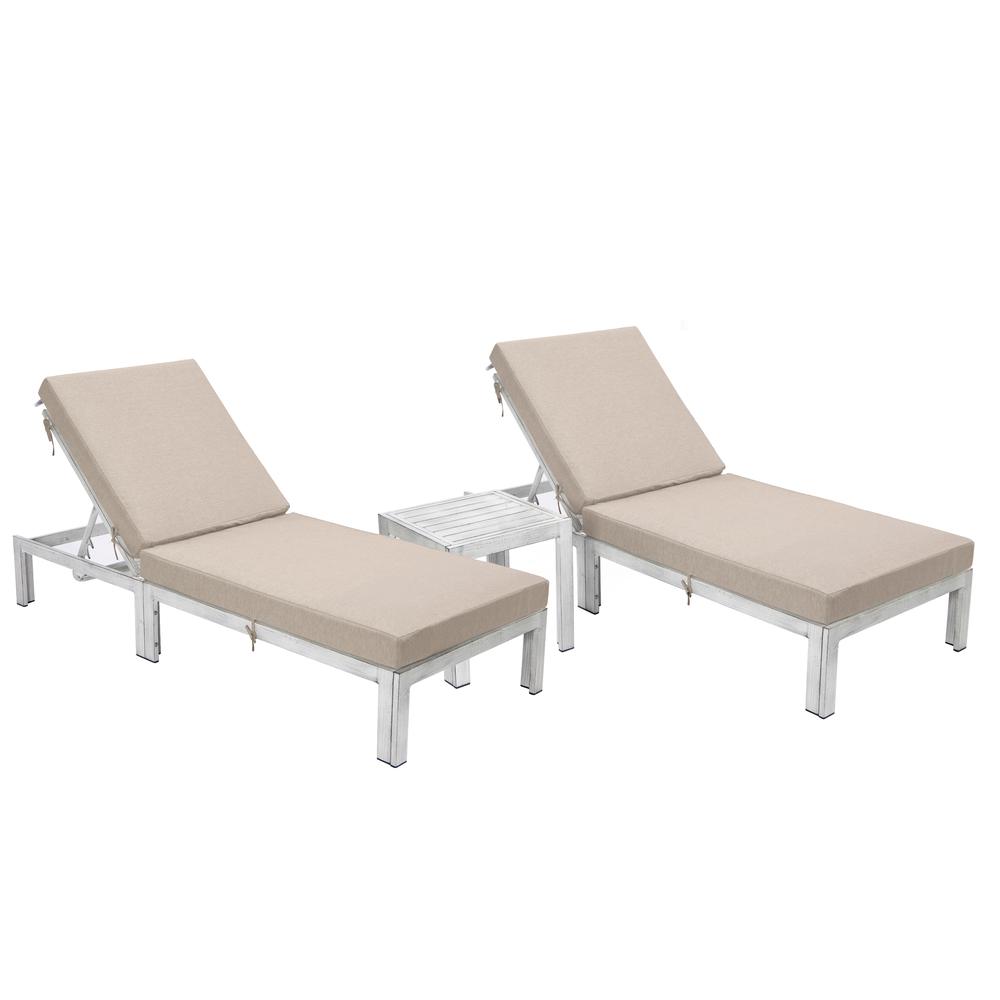 LeisureMod Chelsea Modern Outdoor Beige Chaise Lounge Chair Set of 2 With Side Table & Cushions