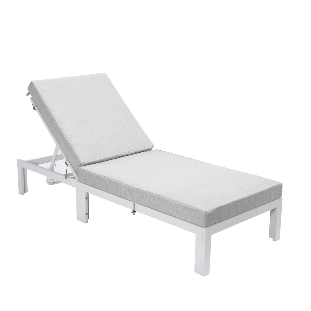 LeisureMod Chelsea Modern Outdoor White Chaise Lounge Chair With Cushions Light Grey