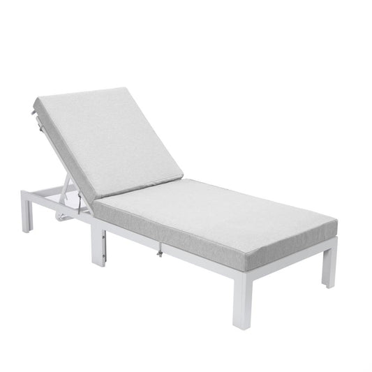 LeisureMod Chelsea Modern Outdoor White Chaise Lounge Chair With Cushions Light Grey