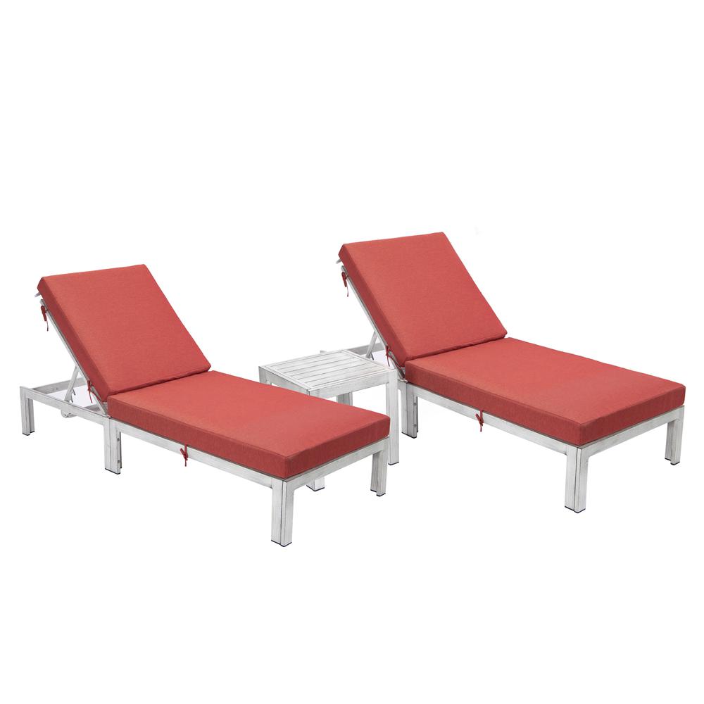 LeisureMod Chelsea Modern Outdoor Red Chaise Lounge Chair Set of 2 With Side Table & Cushions