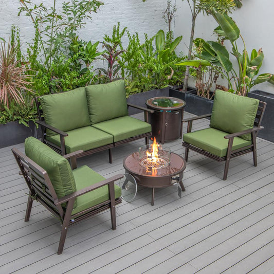 LeisureMod Walbrooke Modern Brown Patio Conversation With Round Fire Pit & Tank Holder, Green