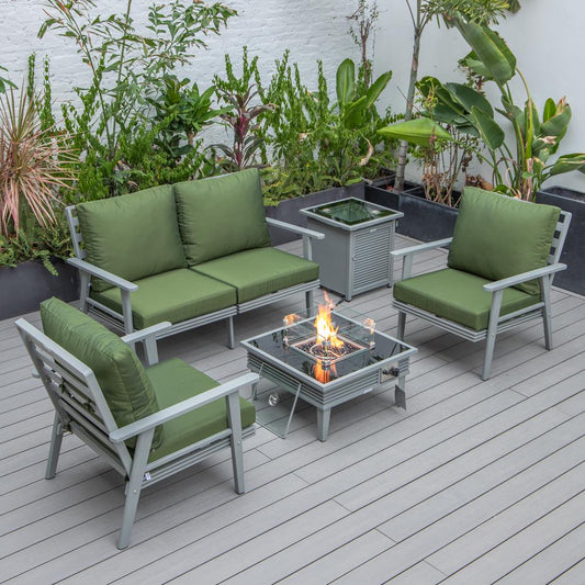 LeisureMod Walbrooke Modern Grey Patio Conversation With Square Fire Pit With Slats Design & Tank Holder, Green