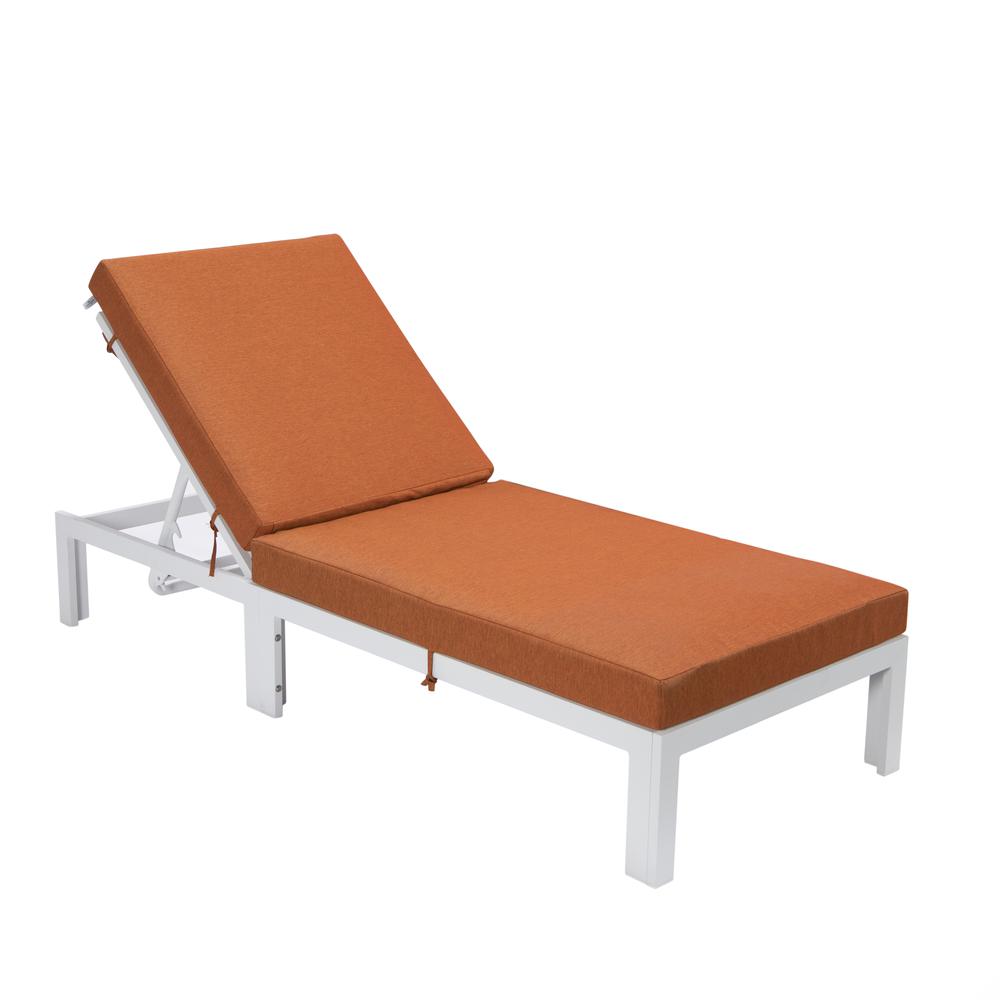 LeisureMod Chelsea Modern Outdoor White Chaise Lounge Chair With Cushions Orange