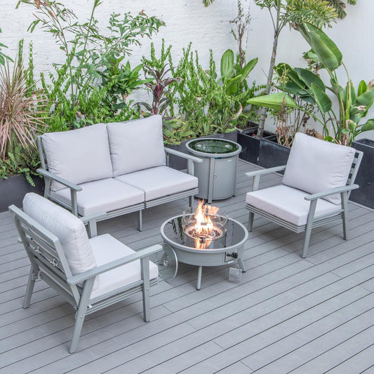 LeisureMod Walbrooke Modern Grey Patio Conversation With Round Fire Pit & Tank Holder, Light Grey