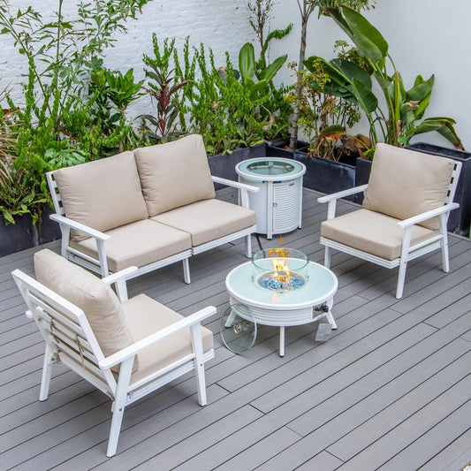 LeisureMod Walbrooke Modern White Patio Conversation With Round Fire Pit With Slats Design & Tank Holder, Beige