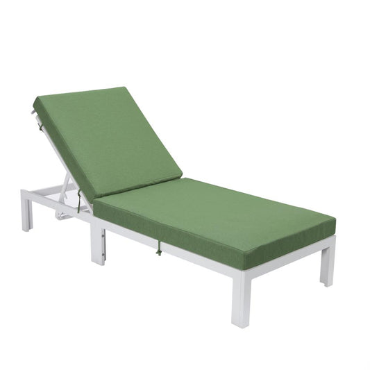 LeisureMod Chelsea Modern Outdoor White Chaise Lounge Chair With Cushions Green