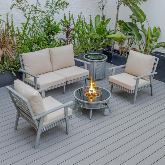 LeisureMod Walbrooke Modern Grey Patio Conversation With Round Fire Pit With Slats Design & Tank Holder, Beige