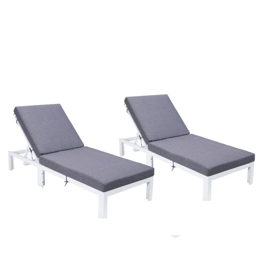 LeisureMod Chelsea Modern Outdoor White Chaise Lounge Chair With Cushions Set of 2 Blue