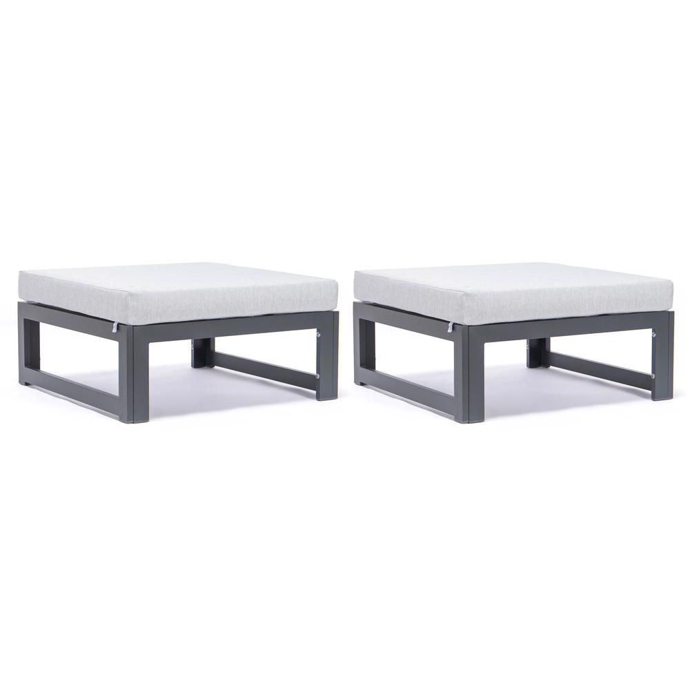 LeisureMod Chelsea Outdoor Patio Black Aluminum Ottomans With Cushions Set Of 2 CSO30LGR2