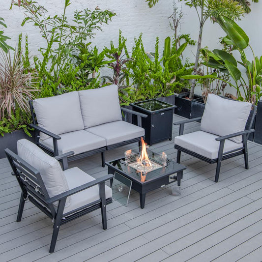 LeisureMod Walbrooke Modern Black Patio Conversation With Square Fire Pit & Tank Holder, Light Grey