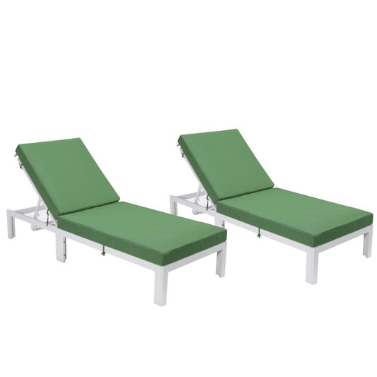 LeisureMod Chelsea Modern Outdoor White Chaise Lounge Chair With Cushions Set of 2 Green