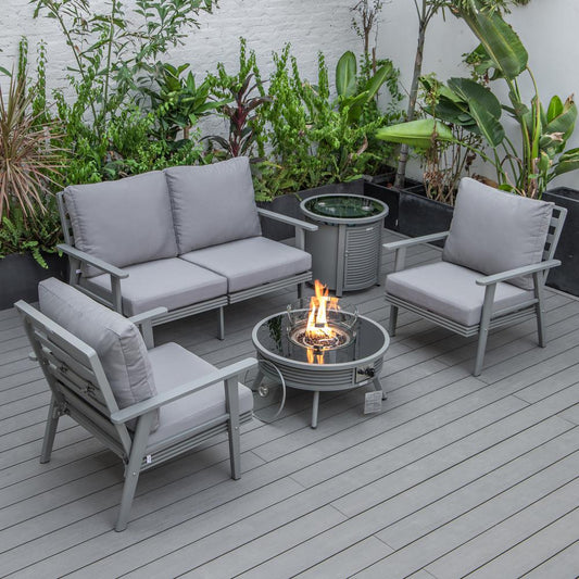 LeisureMod Walbrooke Modern Grey Patio Conversation With Round Fire Pit With Slats Design & Tank Holder, Grey