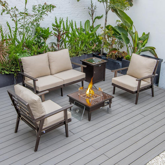 LeisureMod Walbrooke Modern Brown Patio Conversation With Square Fire Pit With Slats Design & Tank Holder, Beige