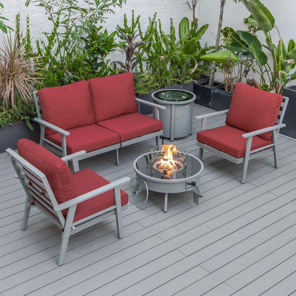 LeisureMod Walbrooke Modern Grey Patio Conversation With Round Fire Pit & Tank Holder, Red