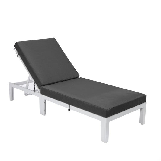 LeisureMod Chelsea Modern Outdoor White Chaise Lounge Chair With Cushions Black