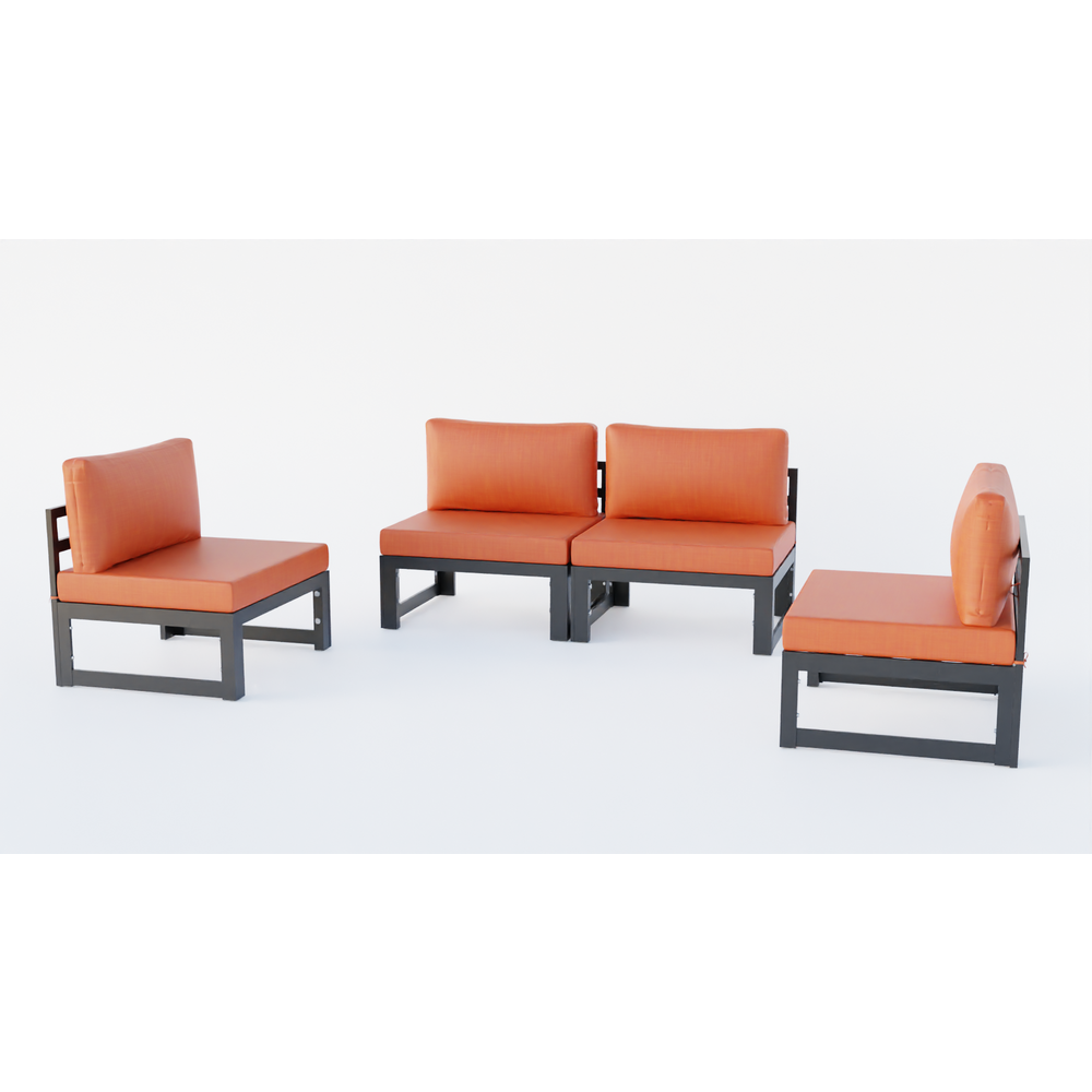 LeisureMod Chelsea 4-Piece Middle Patio Chairs Black Aluminum With Cushions Orange