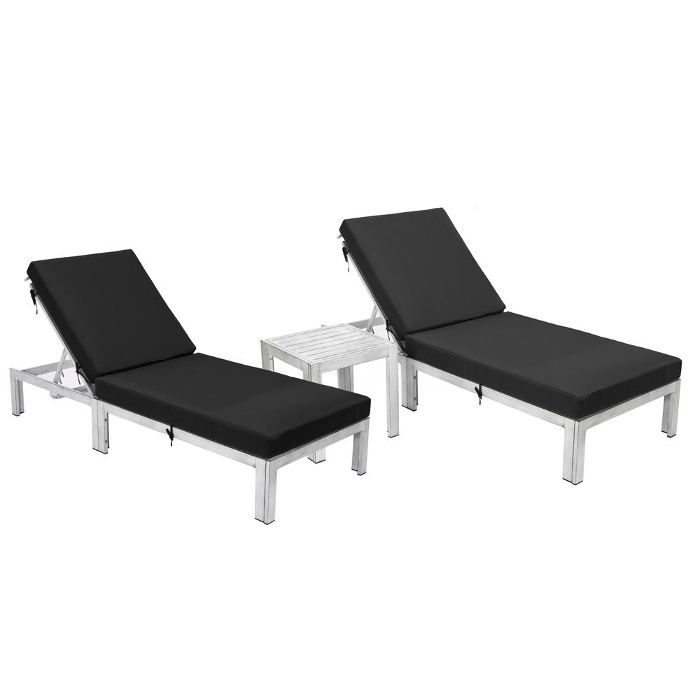 LeisureMod Chelsea Modern Outdoor Black Chaise Lounge Chair Set of 2 With Side Table & Cushions