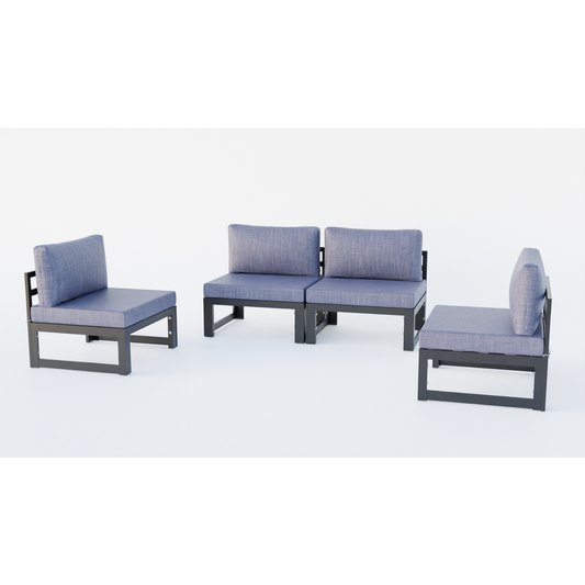 LeisureMod Chelsea 4-Piece Middle Patio Chairs Black Aluminum With Cushions Blue