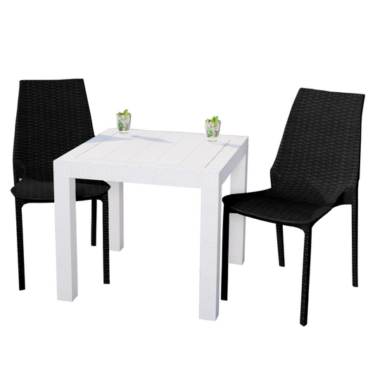 LeisureMod Kent Outdoor White Table With 2 Black Chairs Dining Set