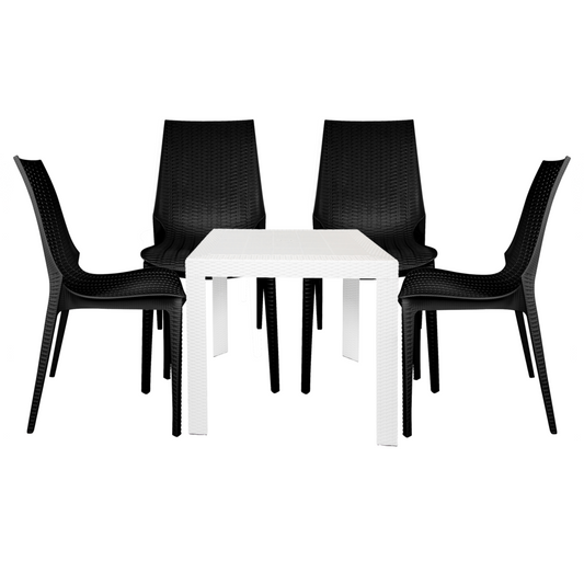 LeisureMod Kent Outdoor White Table With 4 Black Chairs Dining Set