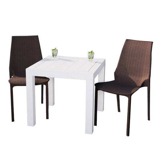 LeisureMod Kent Outdoor White Table With 2 Brown Chairs Dining Set