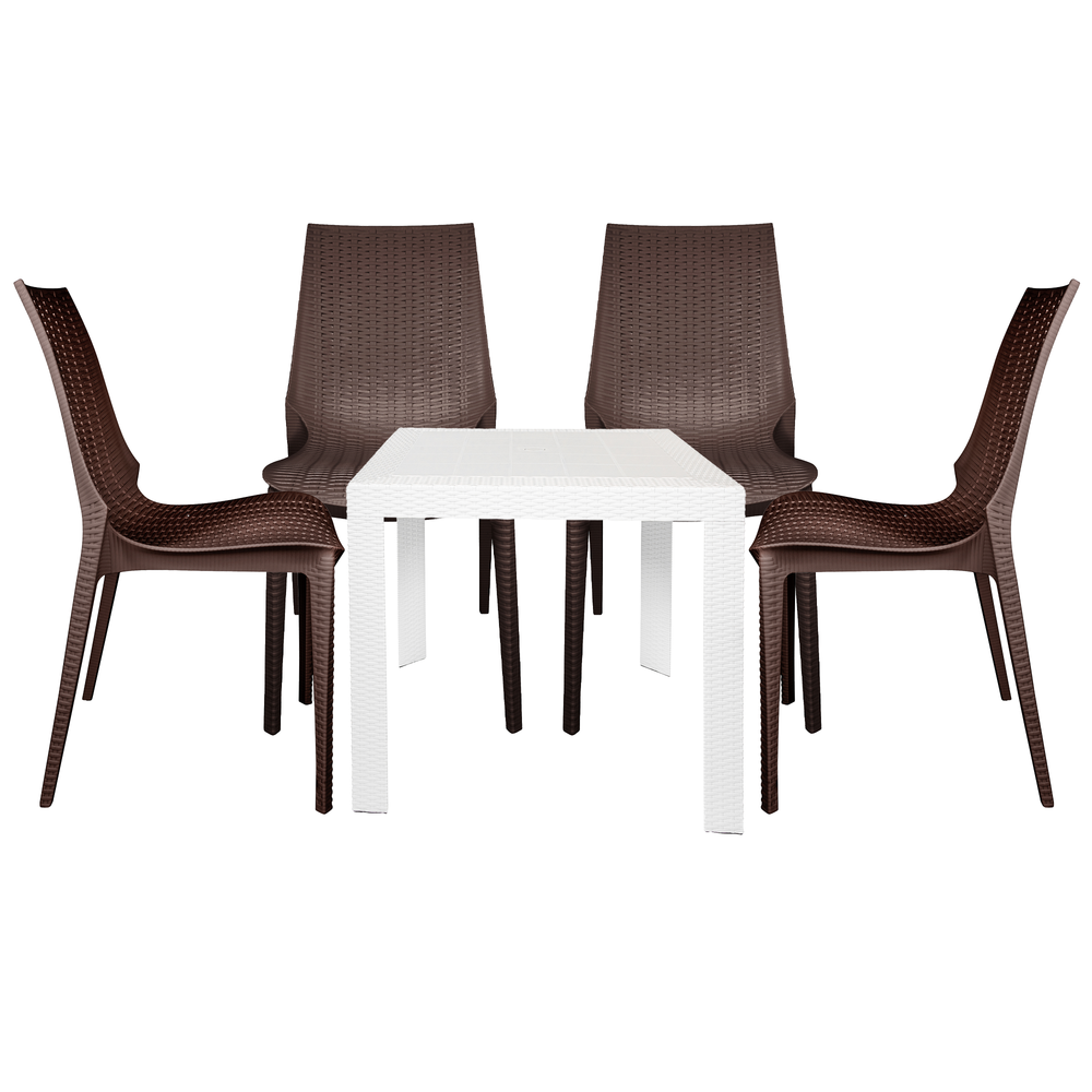 LeisureMod Kent Outdoor White Table With 4 Brown Chairs Dining Set