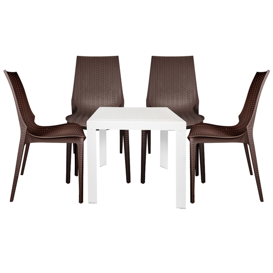 LeisureMod Kent Outdoor White Table With 4 Brown Chairs Dining Set