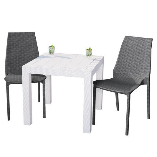 LeisureMod Kent Outdoor White Table With 2 Grey Chairs Dining Set