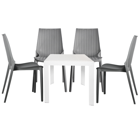 LeisureMod Kent Outdoor White Table With 4 Grey Chairs Dining Set