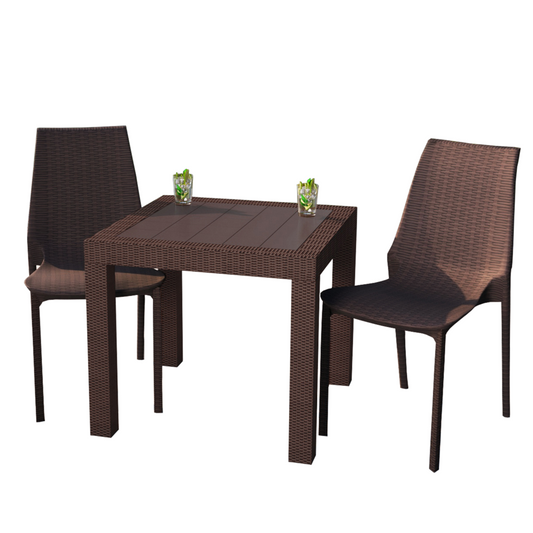 LeisureMod Kent Outdoor Dining Set With 2 Chairs in Brown