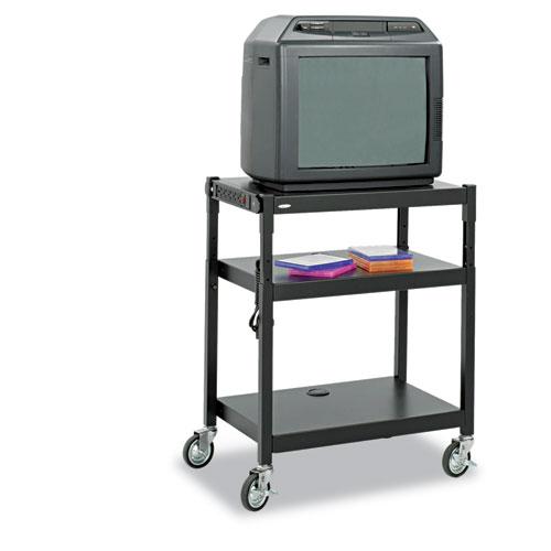 Adjustable-Height Steel AV Cart, Metal, 3 Shelves, (5) AC Outlets, 120 lb Capacity, 27.25" x 18.25" x 36.5", Black