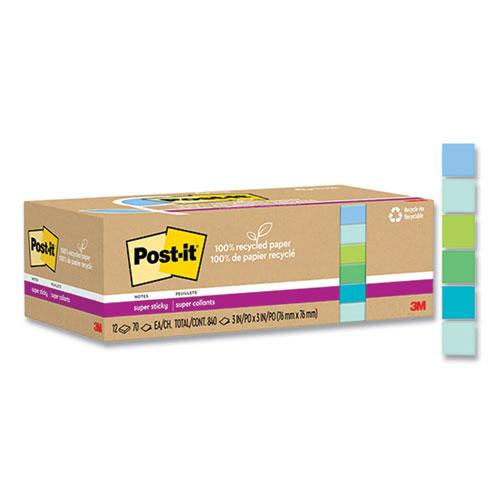 100% Recycled Paper Super Sticky Notes, Unruled, 3" x 3", Assorted Oasis Colors, 70 Sheets/Pad, 12 Pads/Pack