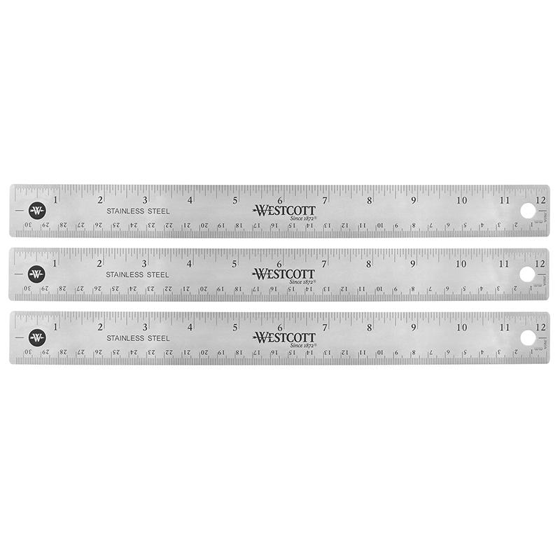 12" Stainless Steel Office Ruler With Non Slip Cork Base, Pack of 3