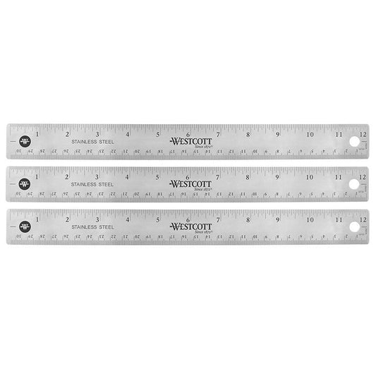 12" Stainless Steel Office Ruler With Non Slip Cork Base, Pack of 3