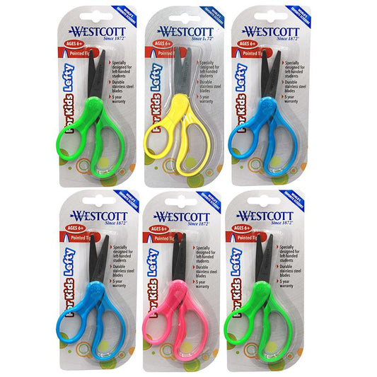 School Left-Handed Kids Scissors, Assorted Colors, 5" Pointed, Pack of 6