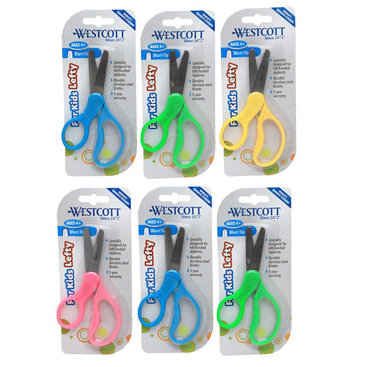 School Kumfy Grip Left-Handed Kids Scissors, 5" Blunt, Assorted Colors Pack of 6