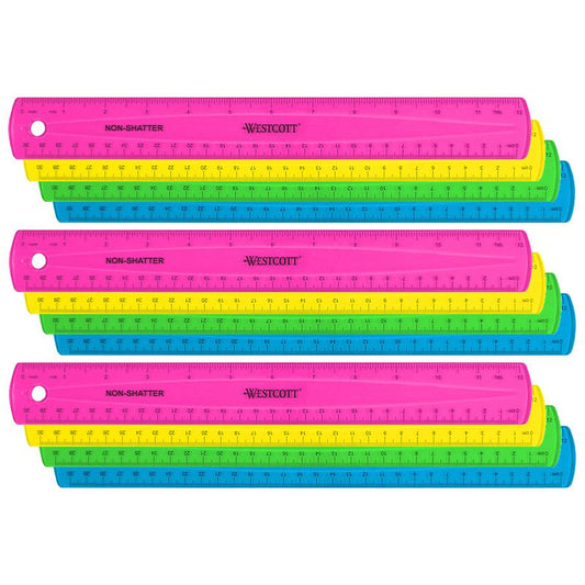 12" Shatterproof Ruler with Anti-Microbial, Assorted Colors, Pack of 12