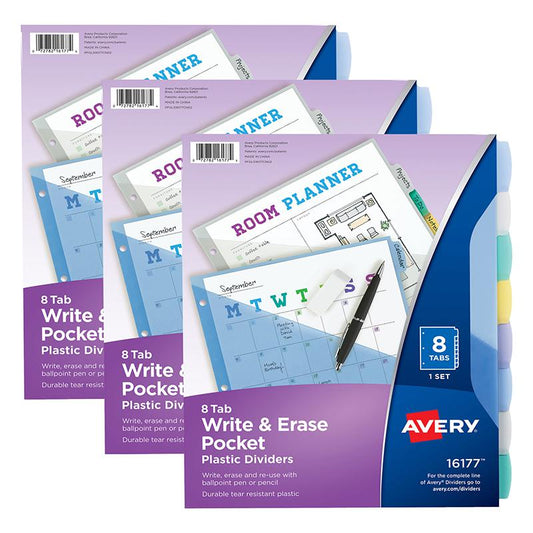 Write & Erase Pocket Plastic Dividers, 8-Tab Set, Multicolor, 3 Sets