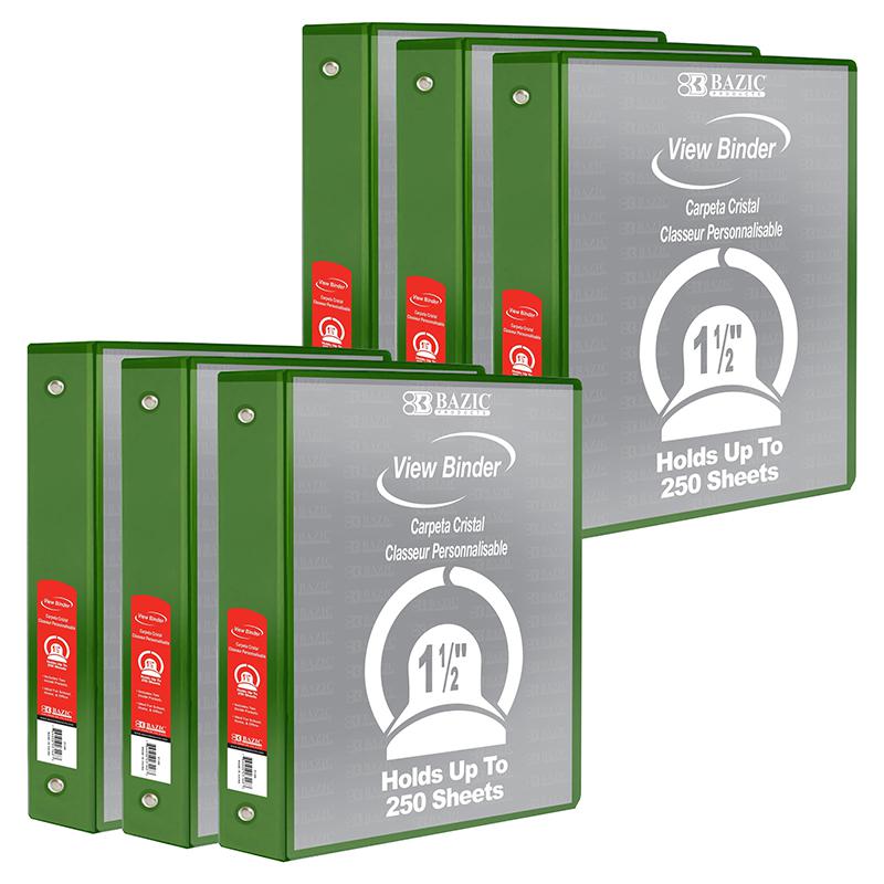 3-Ring View Binder with 2 Pockets, 1.5", Green, Pack of 6